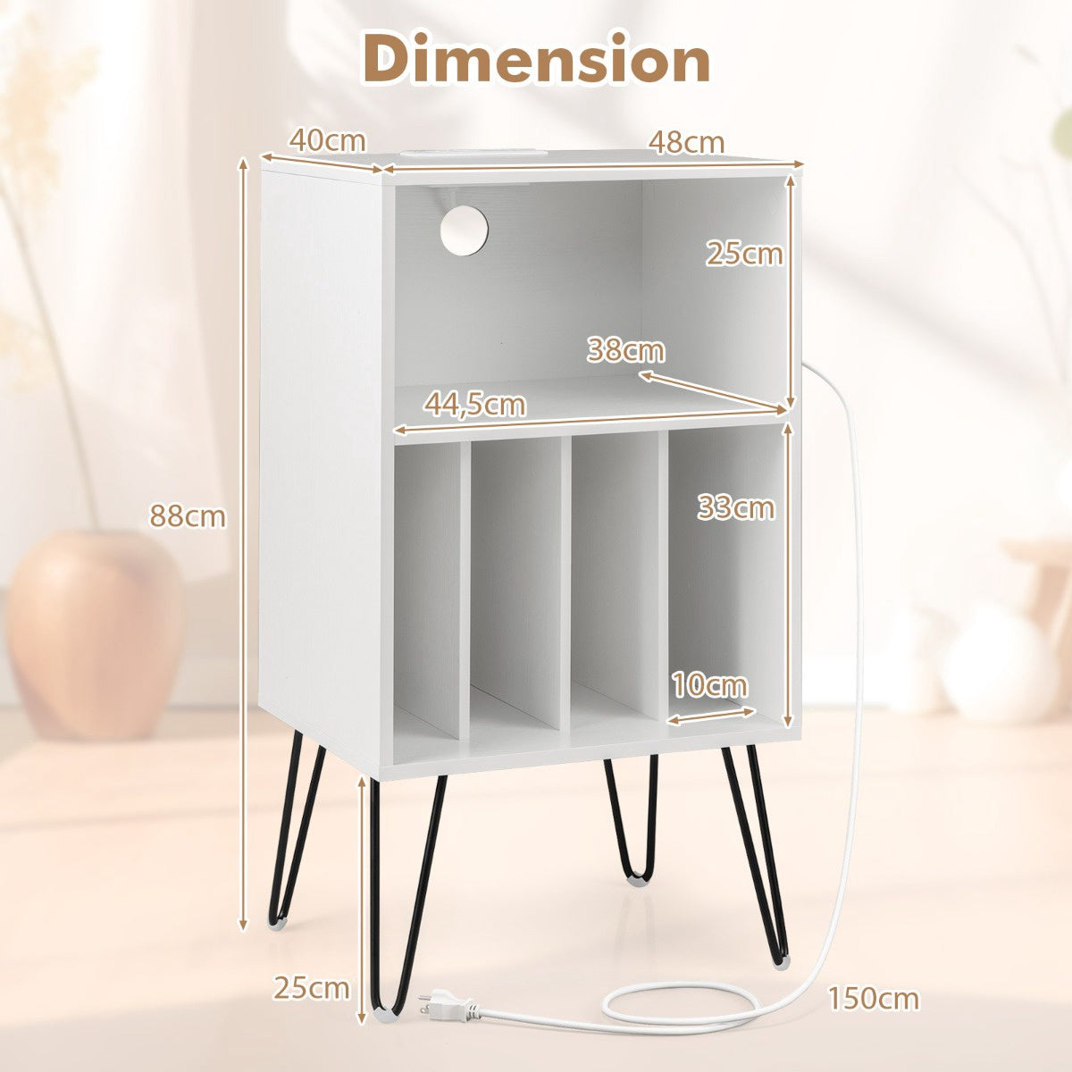 Record Player Stand, 3-Tier Vinyl Storage With Charging