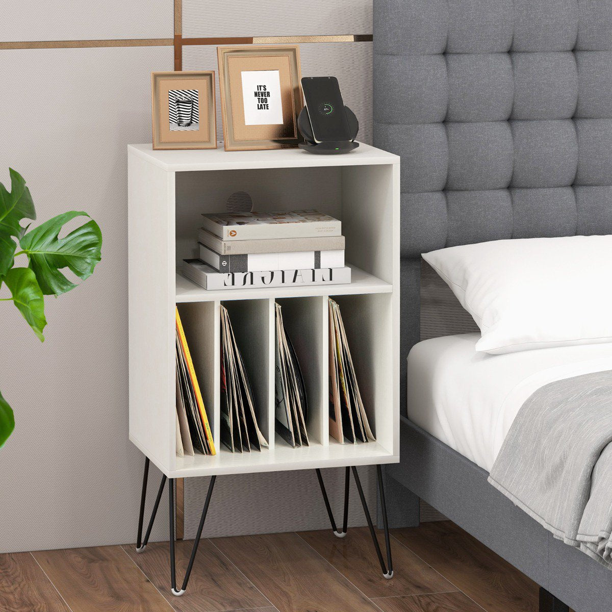 Record Player Stand, 3-Tier Vinyl Storage With Charging