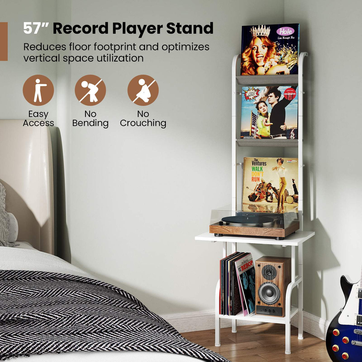 Record Player Stand, 5-Tier Vinyl Display, White