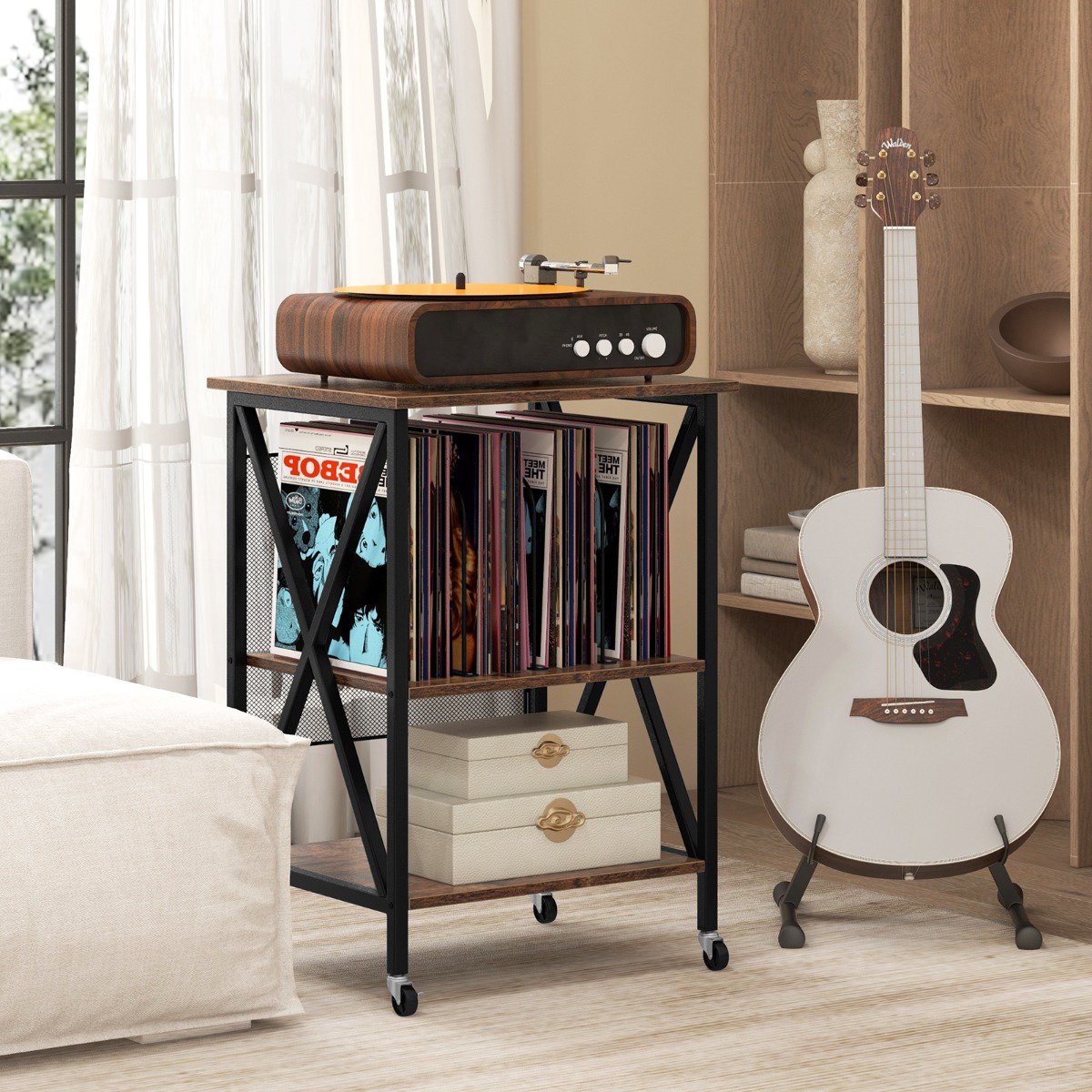 Record Player Stand With Charging Station, Vinyl Storage
