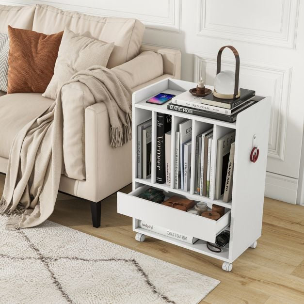 Record Player Stand With Drawer, 4 Dividers, Locking Wheels