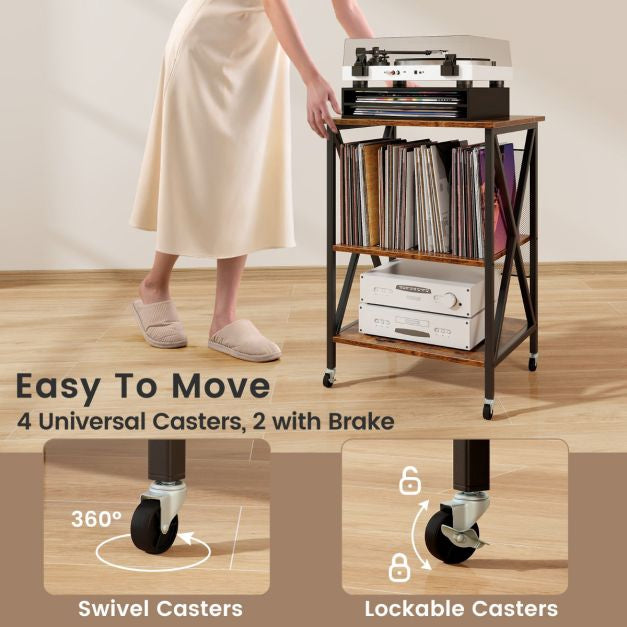 Record Player Stand With Vinyl Storage, Locking Wheels