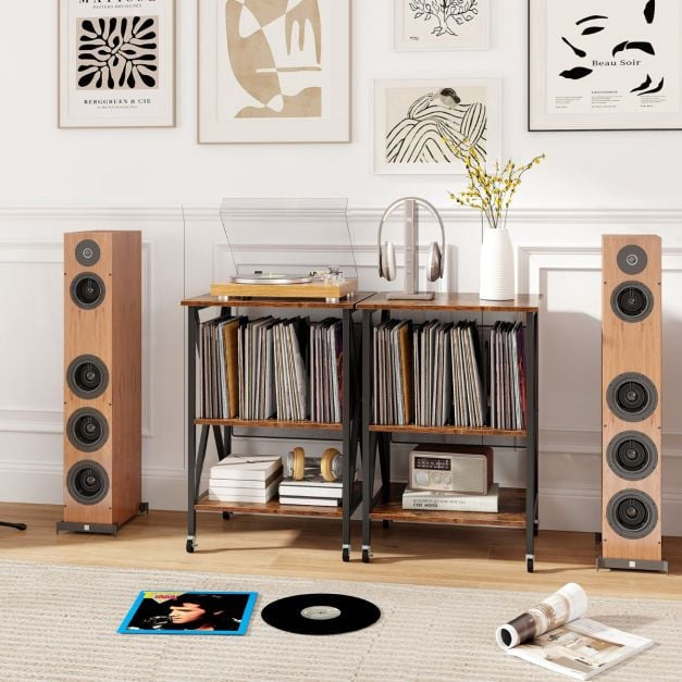 Record Player Stand With Vinyl Storage, Locking Wheels