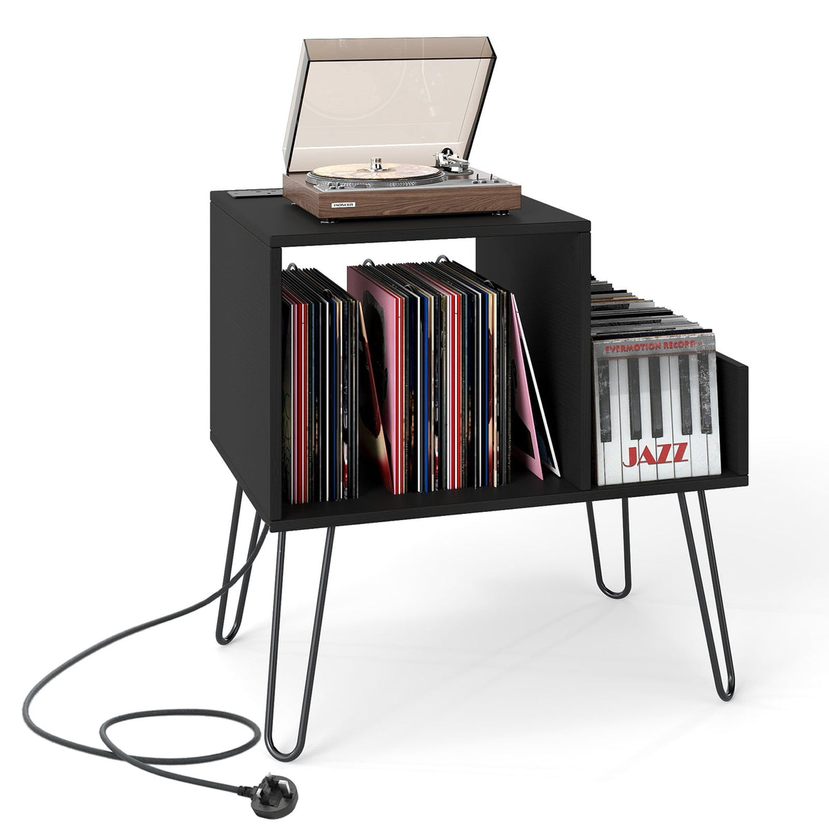 Record Player Stand with Charging Station – Black, High Capacity