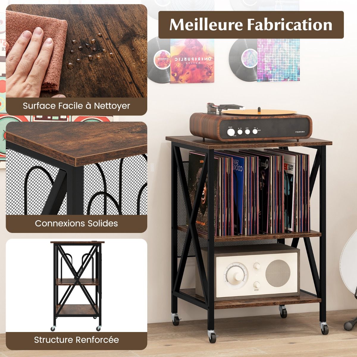 Record Player Stand with Charging Station, Wheels, Divider