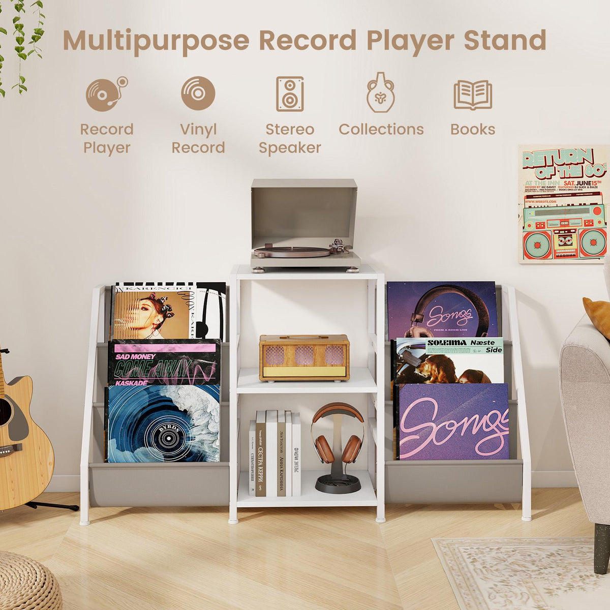 Record Player Stand with Vinyl Storage, 3 Shelves, White