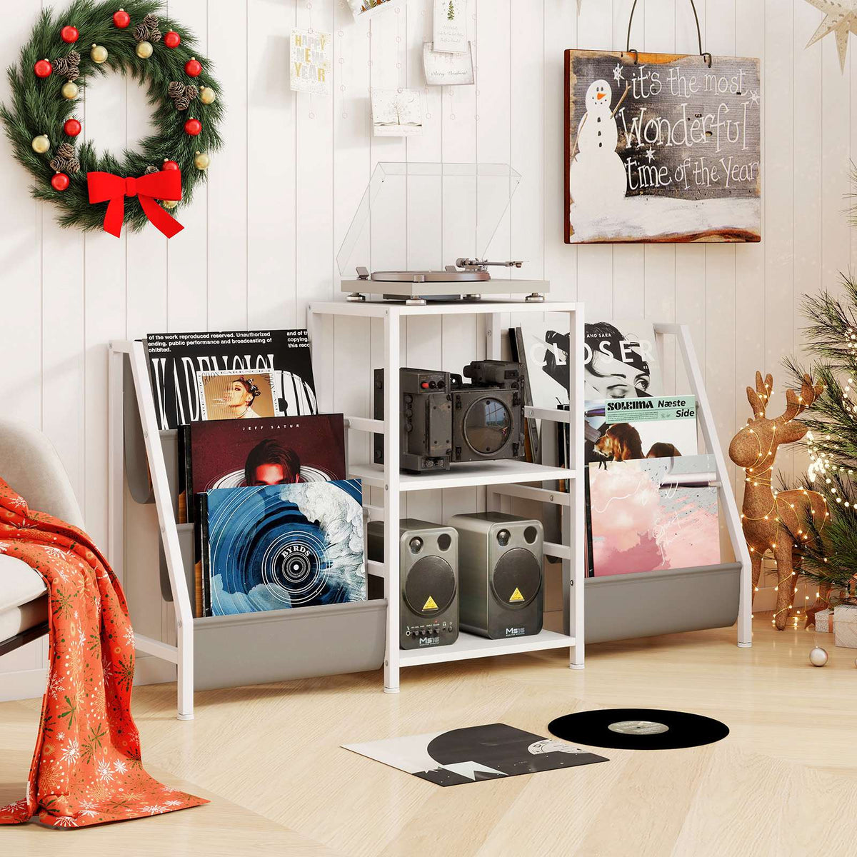Record Player Stand with Vinyl Storage, 3 Shelves, White