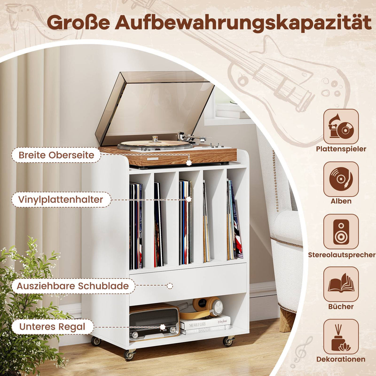 Record Player Table with 5 Shelves & Drawer, White, Mobile