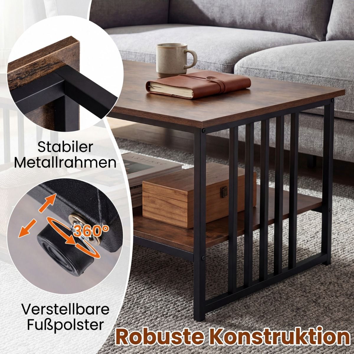 Rectangular Coffee Table with 2 Shelves, Metal Frame