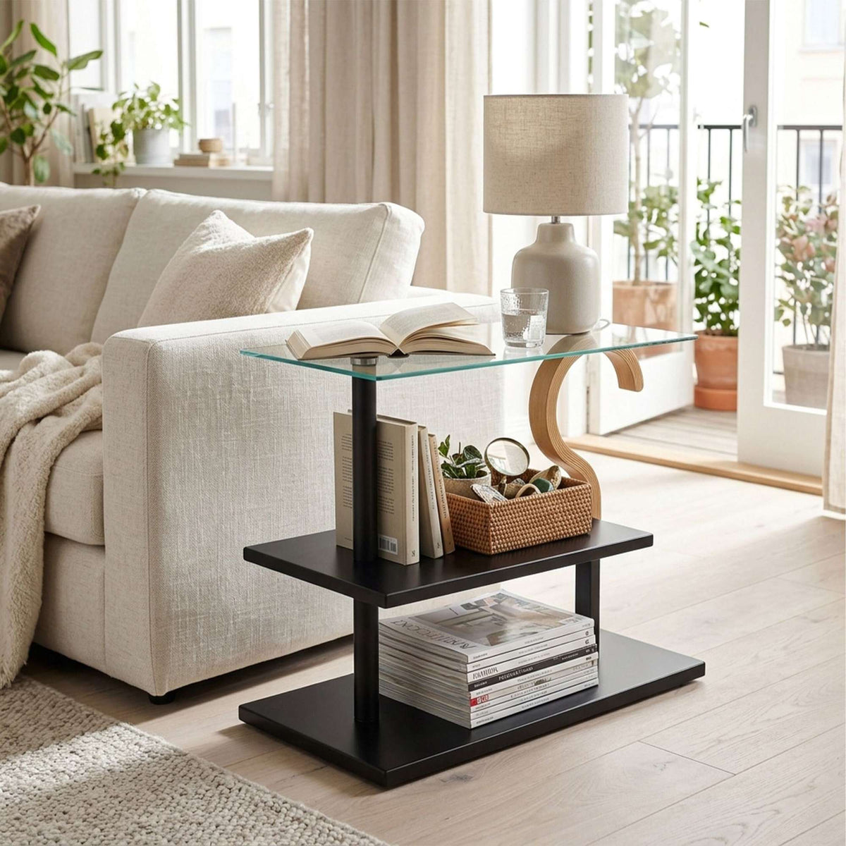 Rectangular Coffee Table with Glass Shelf, Black Frame