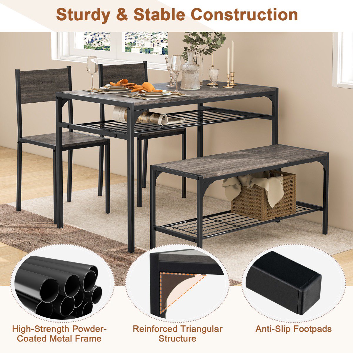 Rectangular Dining Table Set With Bench, 2 Chairs, Storage Shelf