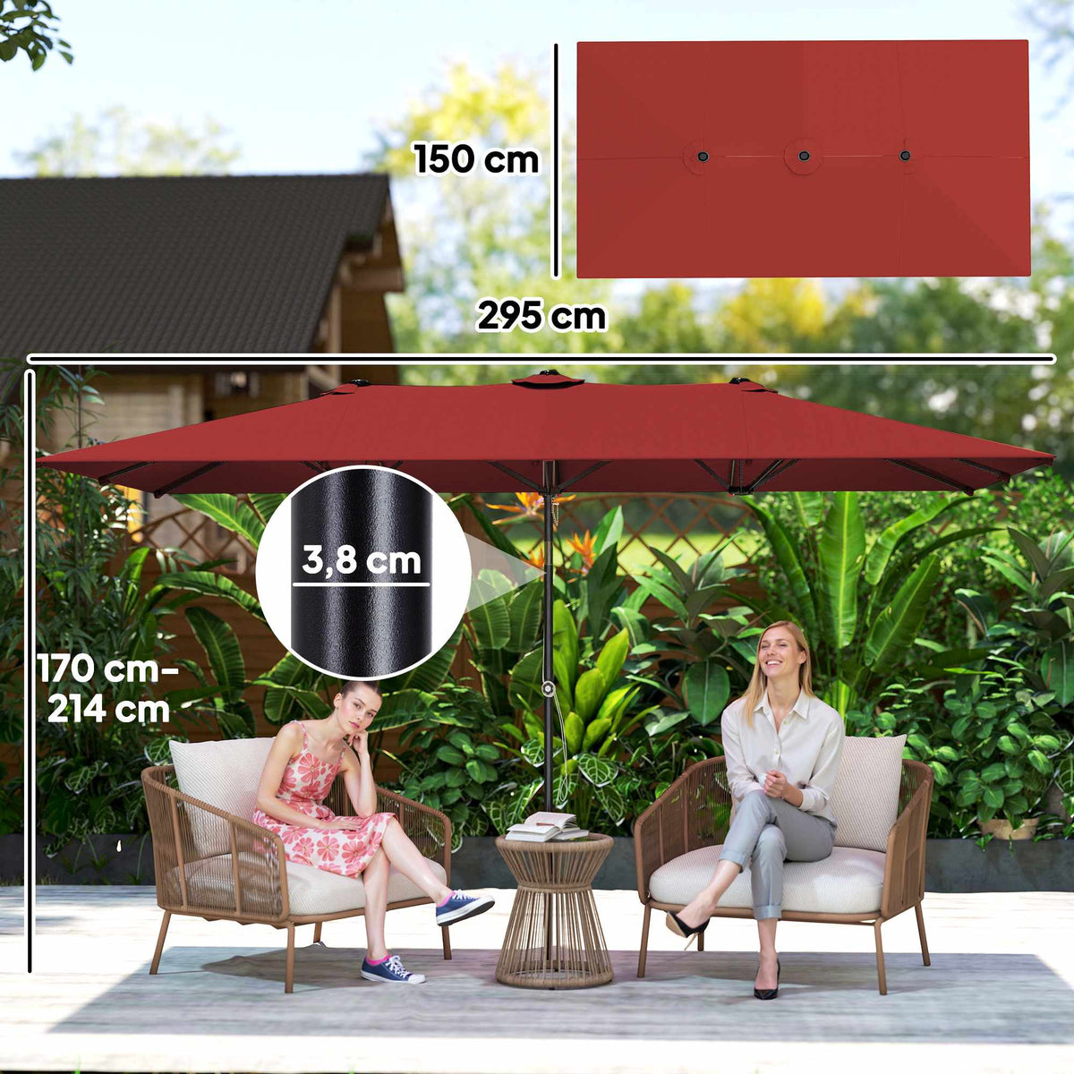 Rectangular Double Patio Umbrella, Adjustable, Wine Red