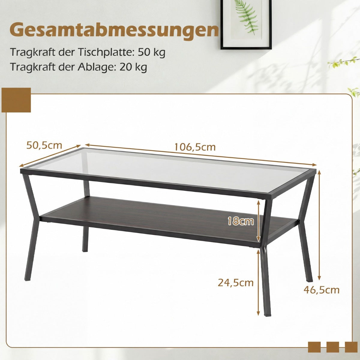 Rectangular Glass Coffee Table with Metal Frame, 2-Tier Storage