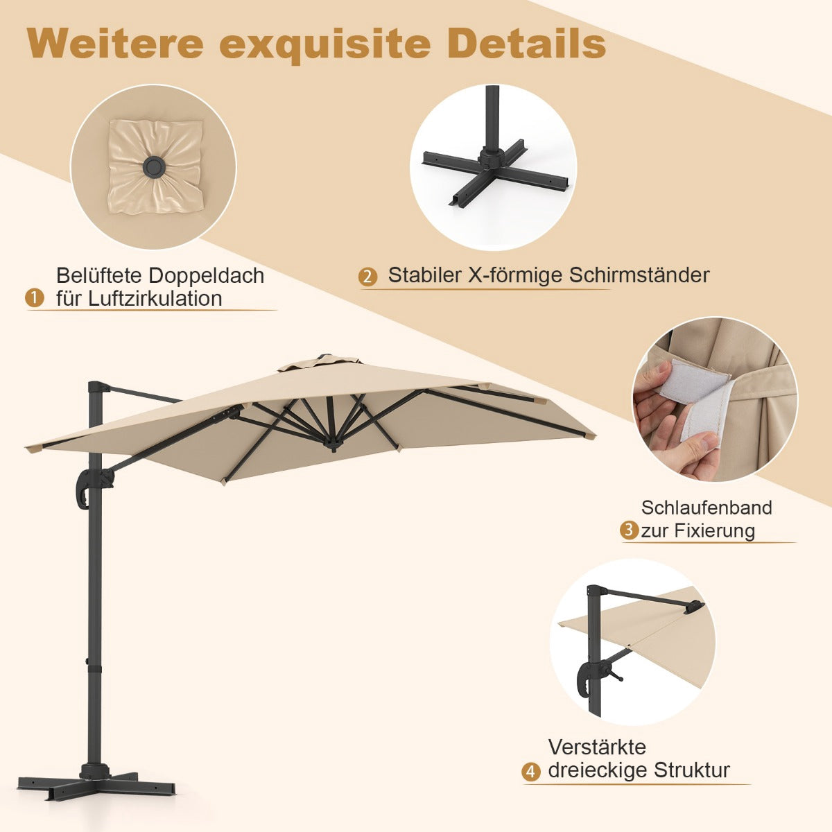 Rectangular Patio Umbrella 250x250 cm with Crank, Beige