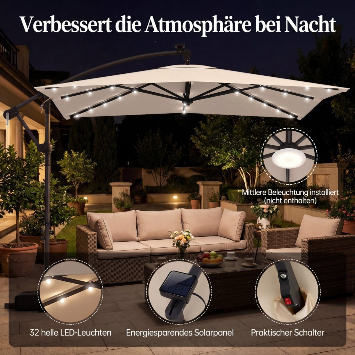 Rectangular Patio Umbrella with Stand, LED Lights, 360 Rotation