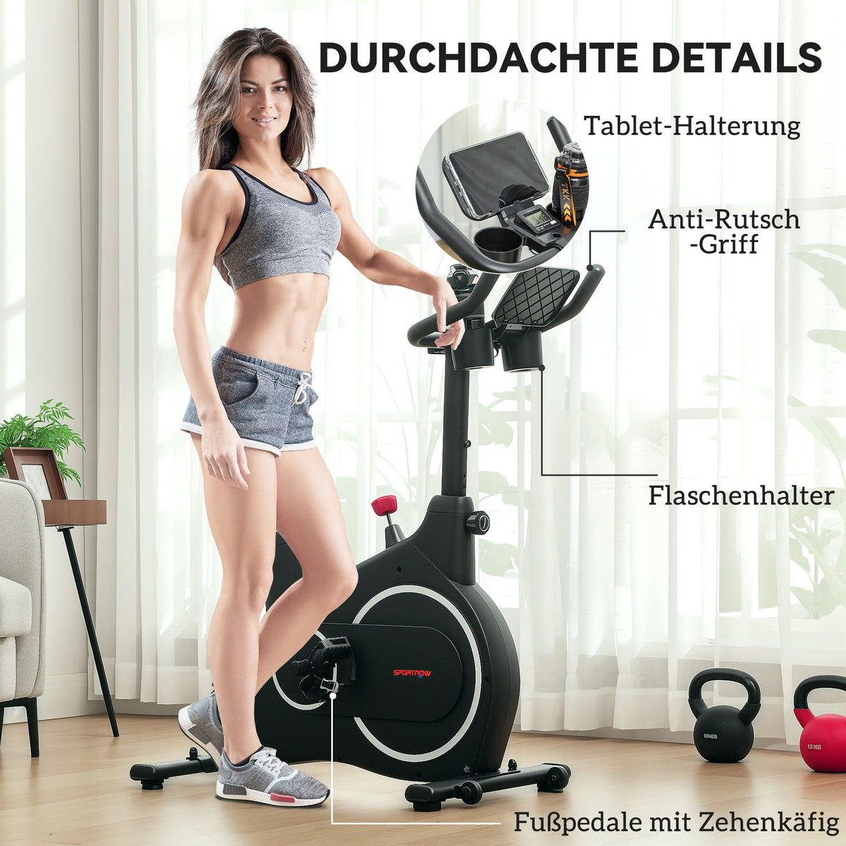 Recumbent ergometer for home exercise bike with magnetic resistance, LCD monitor, seated ergometer with adjustable seat and handle, tablet holder, bottle holder, up to 120 kg