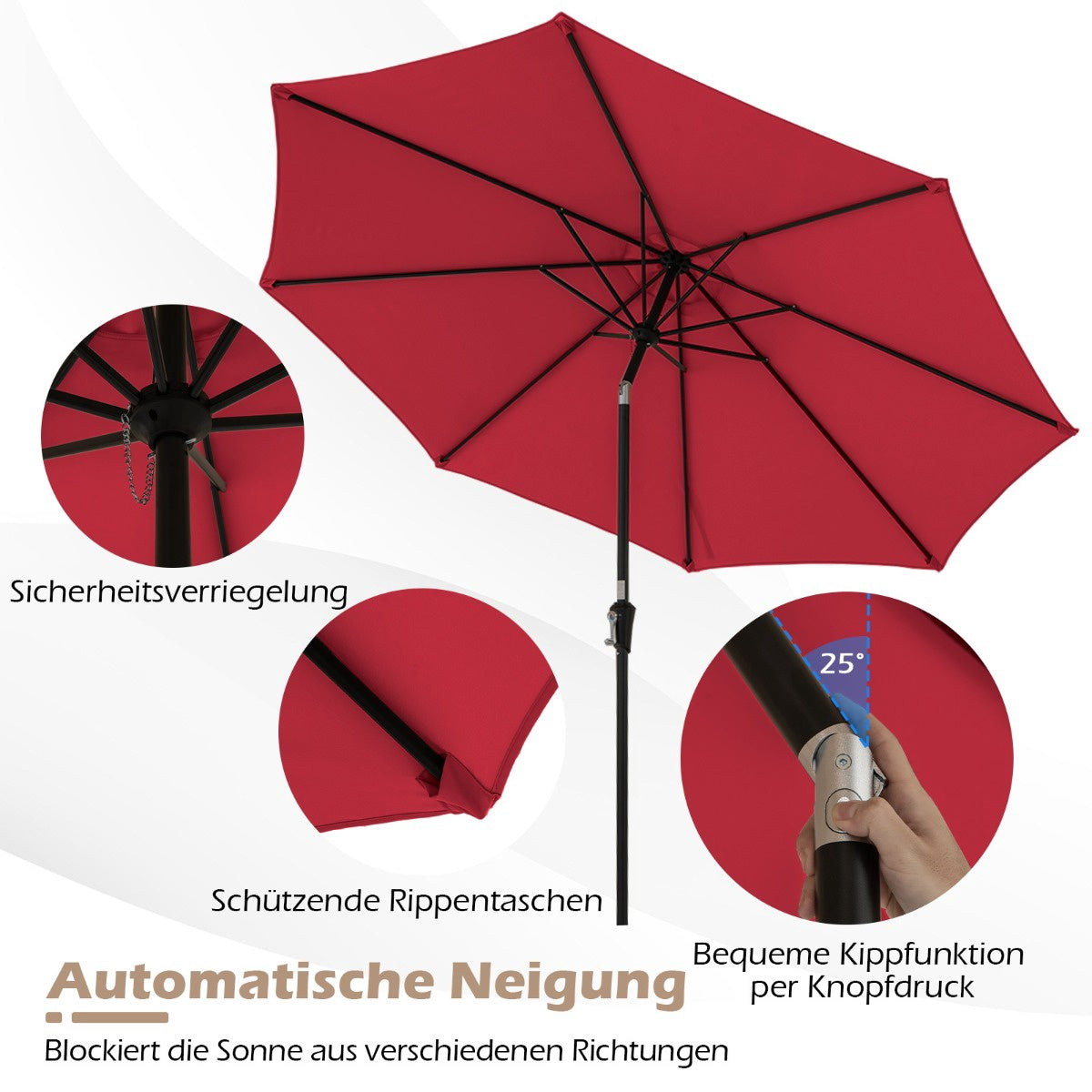 Red Patio Umbrella with Crank, 300 cm, Adjustable Tilt