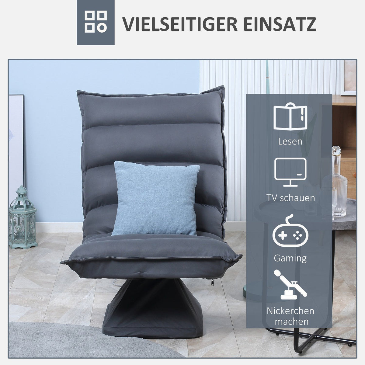 Relaxation Chair Floor Sofa Floor Chair With 360° Rotating Base, 5-Level Adjustable Backrest, Steel, Dark Gray