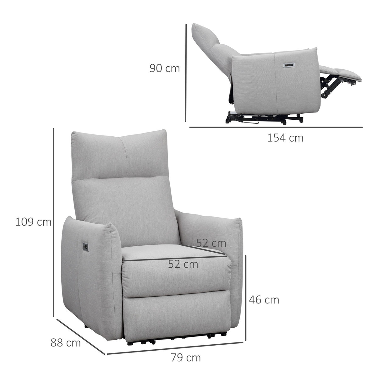 Relaxation Chair, Lounge Chair, Tv Armchair, Single Sofa, 140° Tiltable, Tv Armchair With Usb Port, Up To 150 Kg, 52.2W, Polyester, Gray, 77 X 89 X 107 Cm