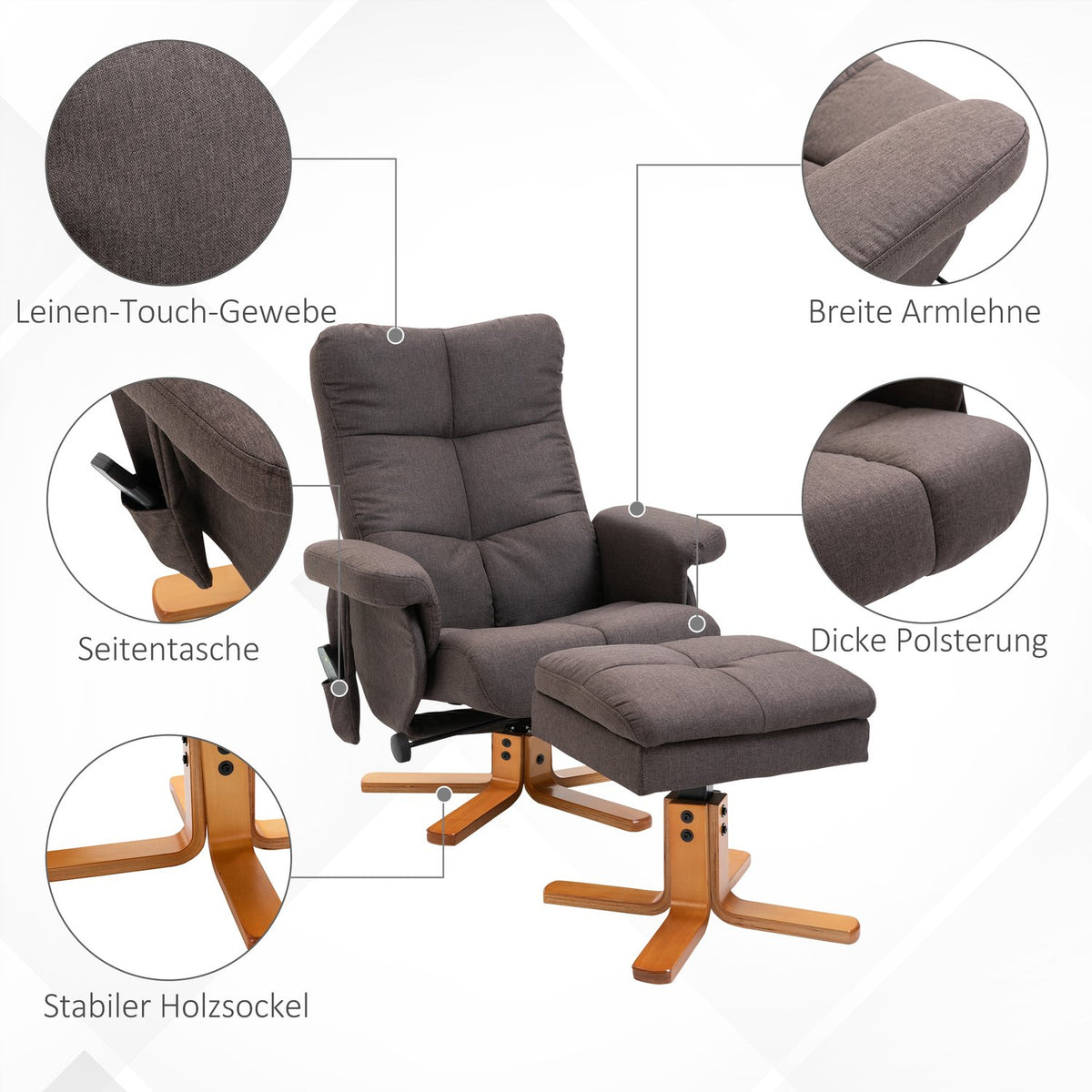 Relaxation Chair, Massage Chair With Footstool And Storage Space, Tv Chair With Massage Function, 145° Tilt, Polyester, Brown