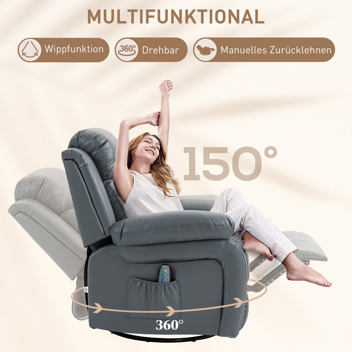 Relaxation Chair, Massage Function, Electric Tv Chair, 8 Vibration Heads, Rocker Function, Rotatable, Remote Control, Side Pocket, Faux Leather, Gray