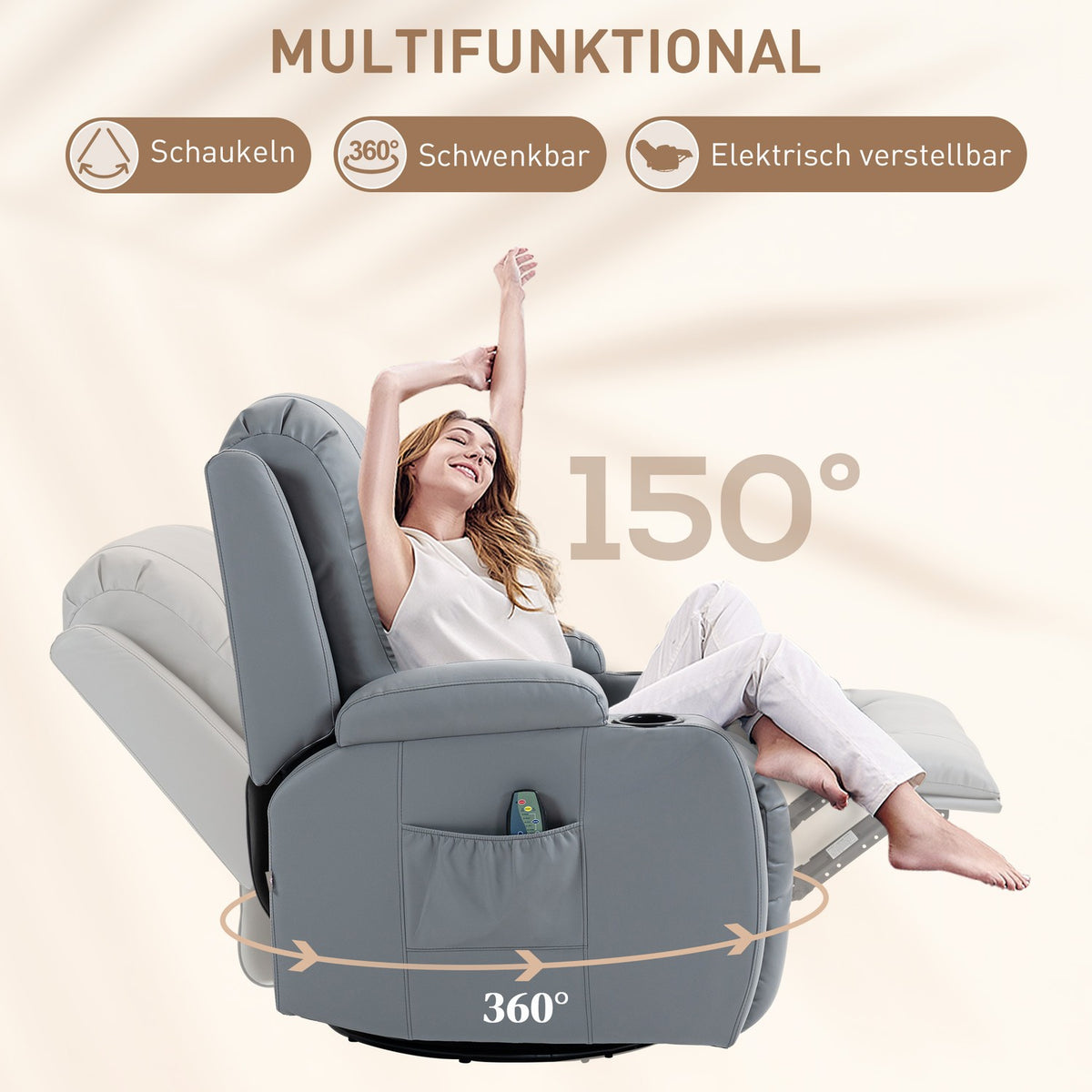 Relaxation Chair Massage Function Electric Tv Chair Reclining Function Rocker Function Rotatable Remote Control Up To 150Kg Artificial Leather Light Gray
