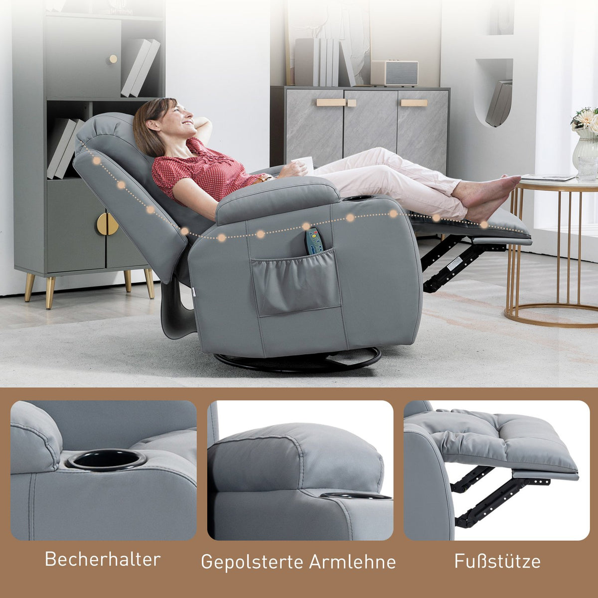 Relaxation Chair Massage Function Electric Tv Chair Reclining Function Rocker Function Rotatable Remote Control Up To 150Kg Artificial Leather Light Gray