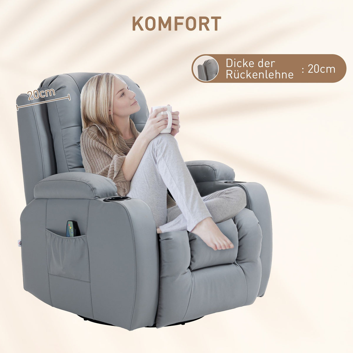 Relaxation Chair Massage Function Electric Tv Chair Reclining Function Rocker Function Rotatable Remote Control Up To 150Kg Artificial Leather Light Gray