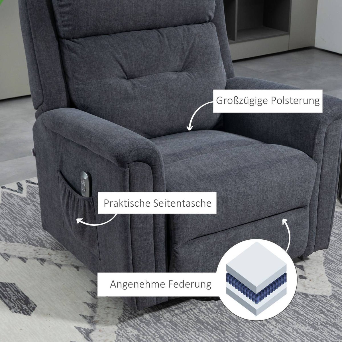 Relaxation Chair, Stand-Up Aid, Electric Tv Chair, Reclining Function, Senior Chair, Remote Control, Side Pocket, Dark Gray