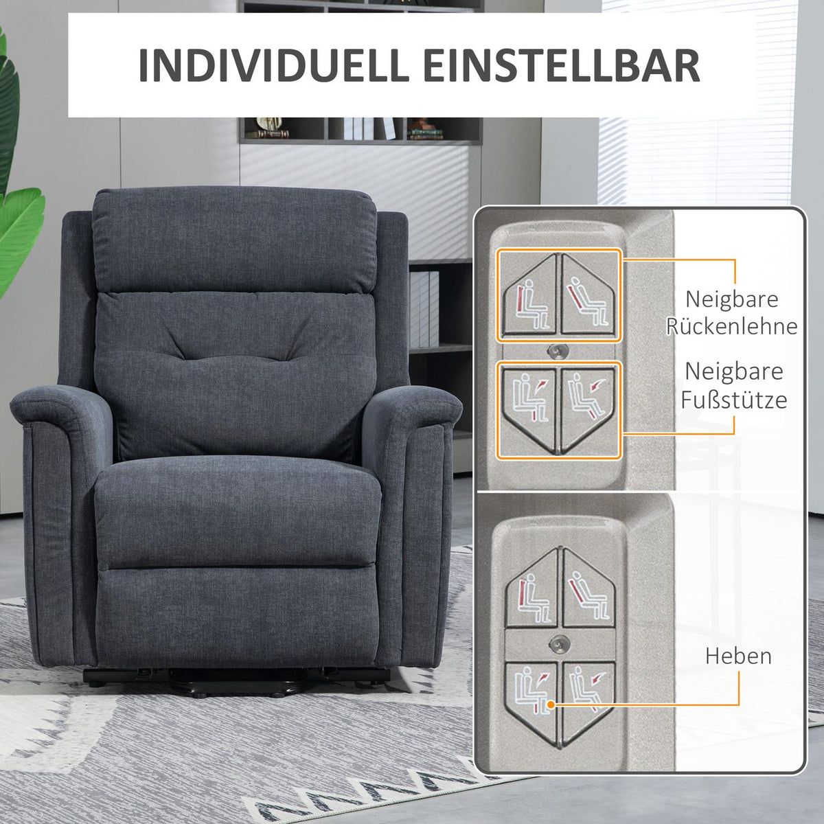 Relaxation Chair, Stand-Up Aid, Electric Tv Chair, Reclining Function, Senior Chair, Remote Control, Side Pocket, Dark Gray