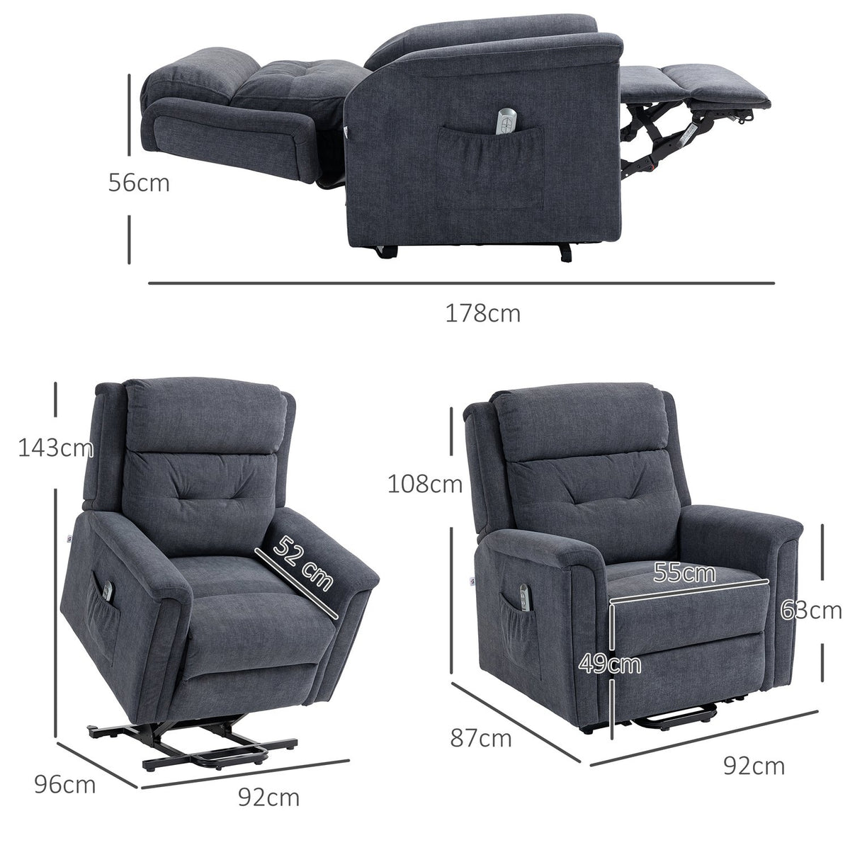 Relaxation Chair, Stand-Up Aid, Electric Tv Chair, Reclining Function, Senior Chair, Remote Control, Side Pocket, Dark Gray
