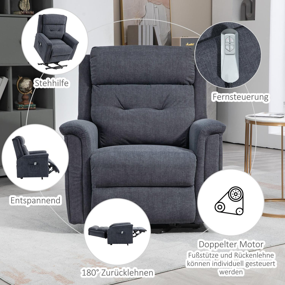 Relaxation Chair, Stand-Up Aid, Electric Tv Chair, Reclining Function, Senior Chair, Remote Control, Side Pocket, Dark Gray