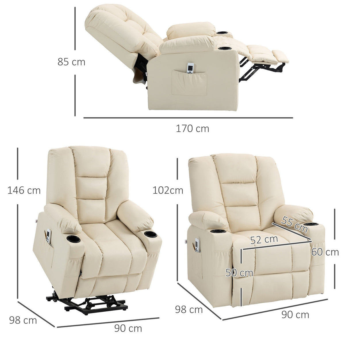 Relaxation Chair Stand Up Electric Tv Chair Usb Massage Chair Remote Control Wheels Cup Holder Cream