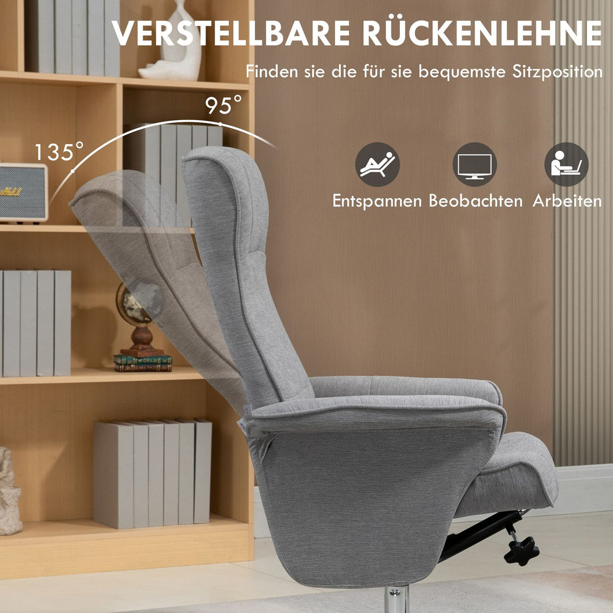 Relaxation Chair Stool Rotatable Tv Chair Reclining Function Tv Chair Up To 150Kg Reclining Chair Velvet Gray