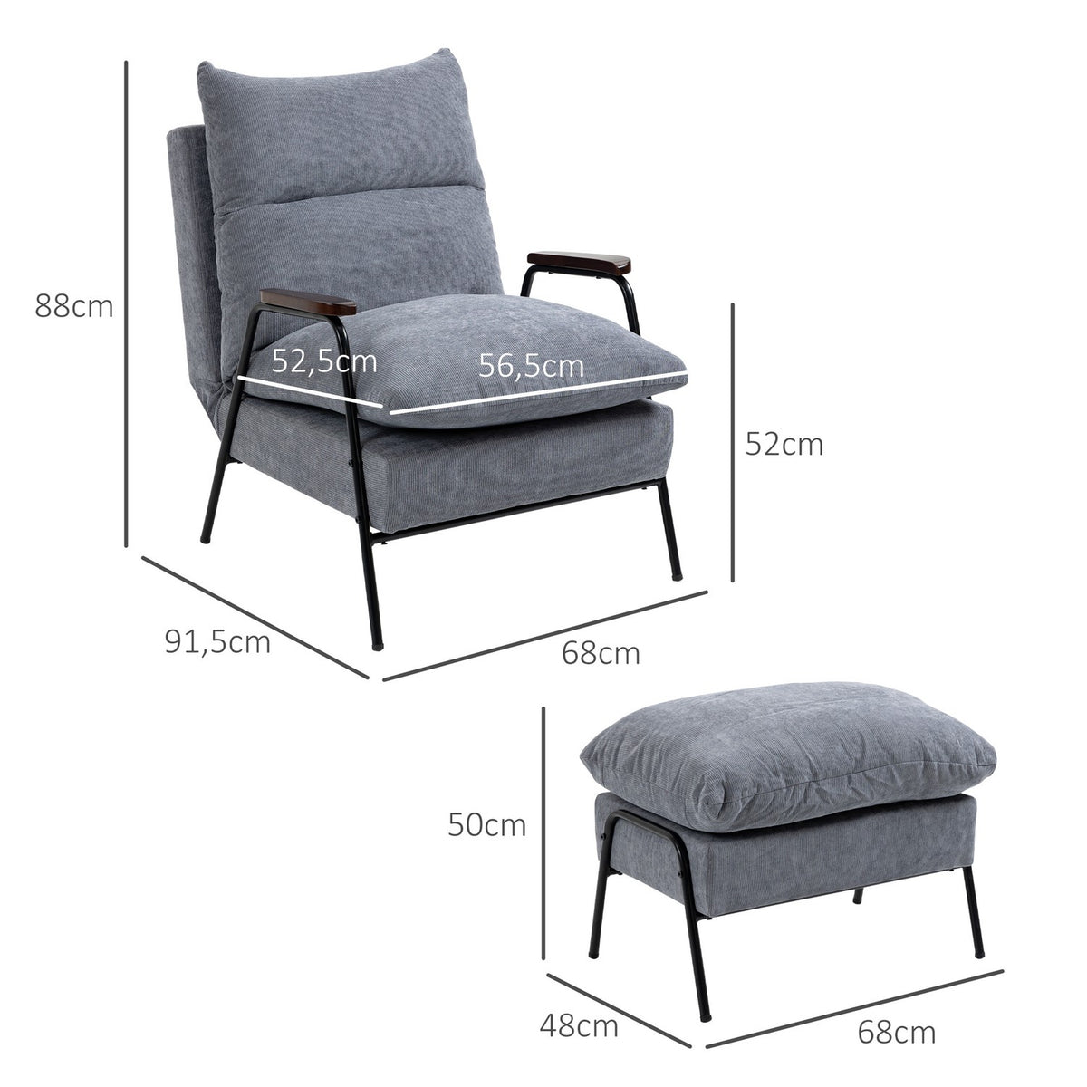 Relaxation Chair Stool Tv Chair Reclining Function Adjustable Backrest Armchair Ottoman Cushion Upholstered Chair Gray