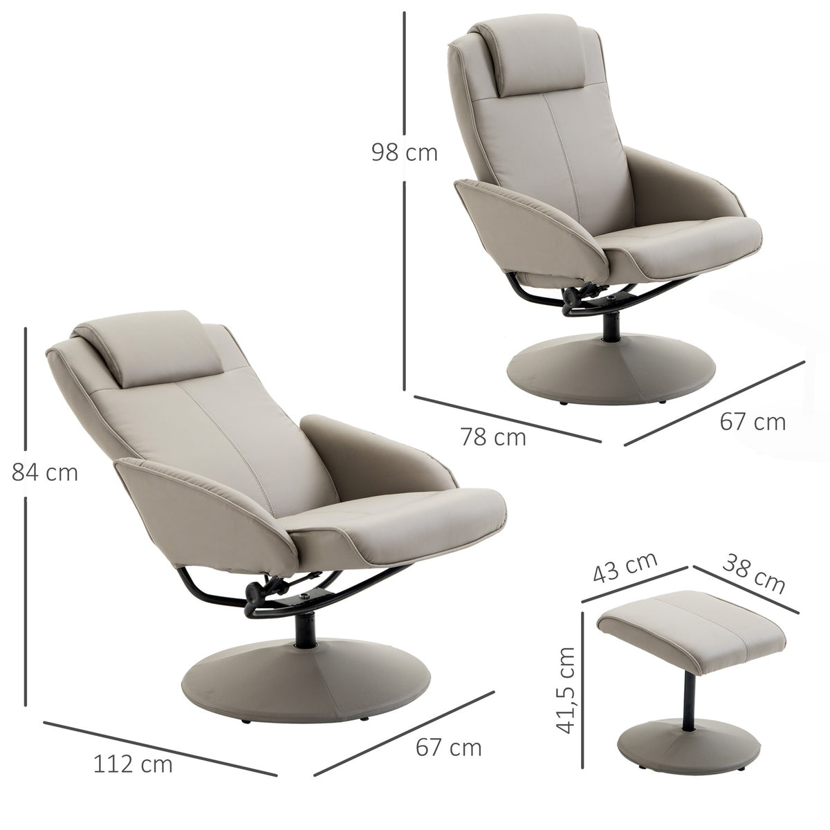 Relaxation Chair Tv Chair Armchair 360° Rotatable With Footrest Gray L78 × W71 × H101 Cm