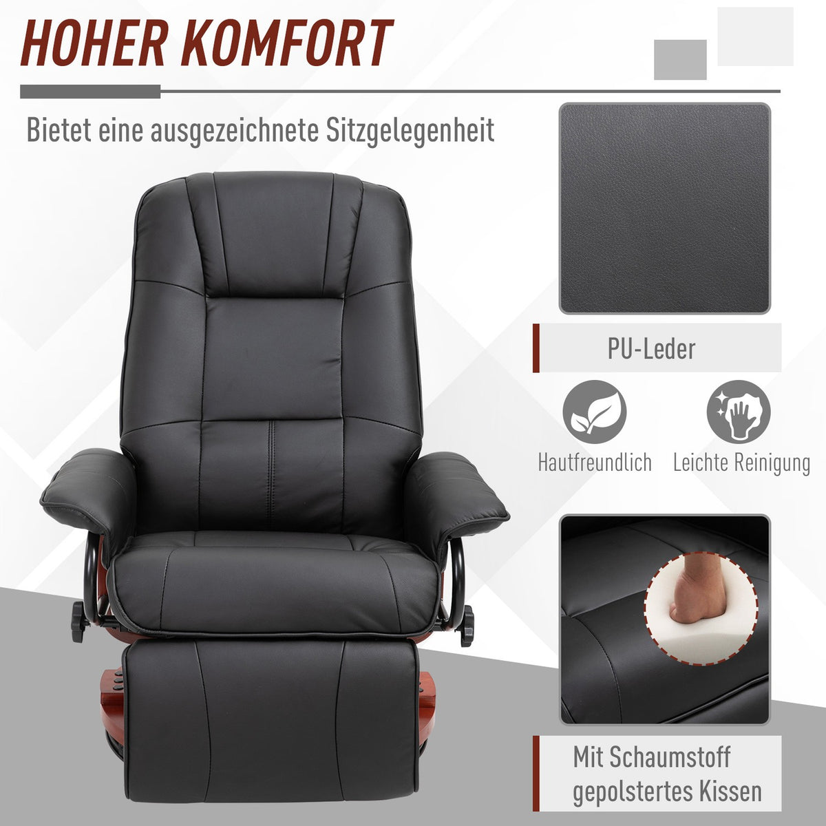 Relaxation Chair, Tv Chair, Reclining Chair With Footrest Made Of Faux Leather, 360° Swivel Chair, Wooden Base, Black, 145° Tiltable, 78 X 87 X 100 Cm