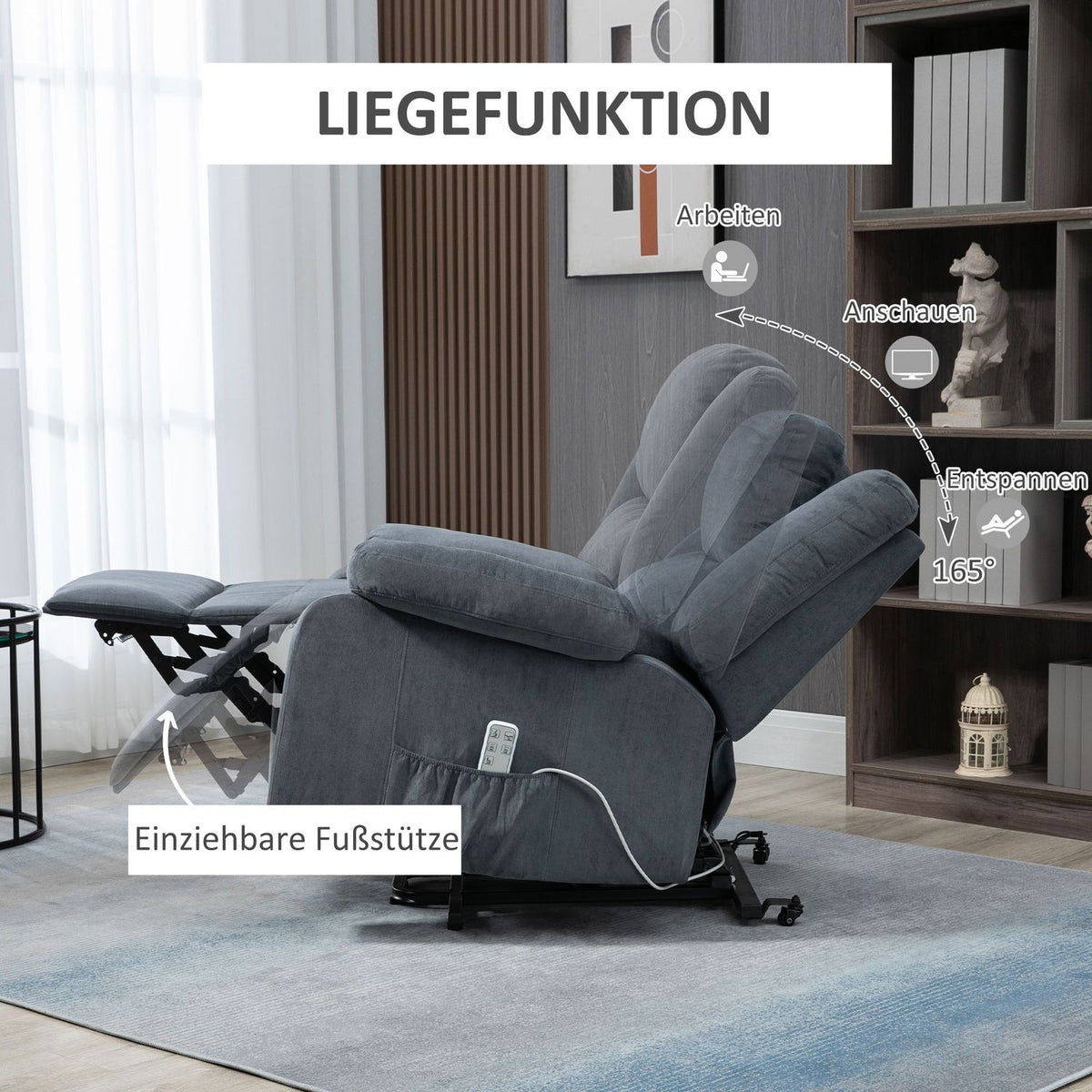 Relaxation Chair, Tv Chair, Stand-Up Chair, Electrically Adjustable With Reclining Function Including Remote Control, Velvet Look, Gray, 92 X 93 X 105 Cm