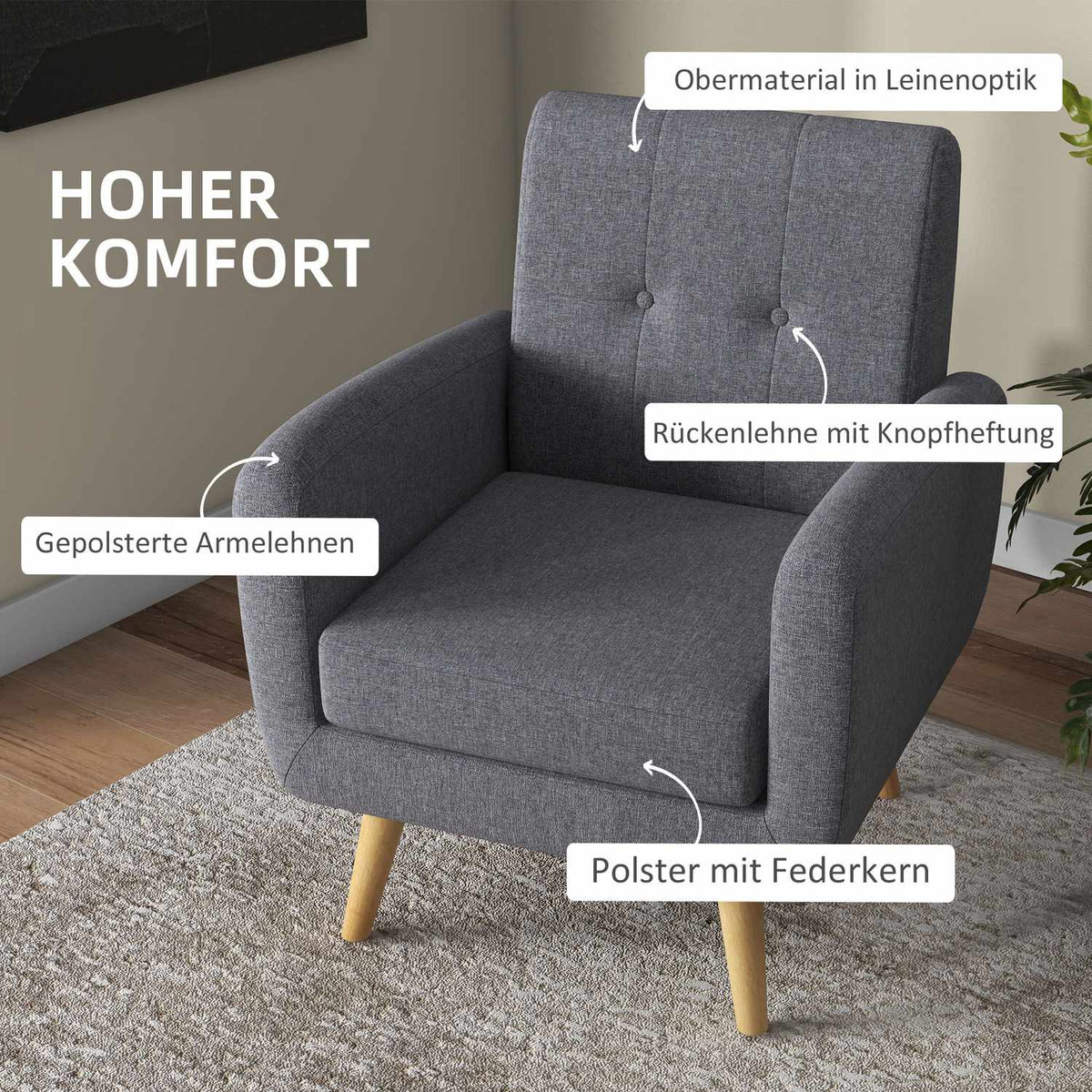 Relaxation Chair, Tv Chair, Upholstered Chair With Linen Look Seat Cushion, Wooden Legs, For Living Room, Bedroom, Light Gray