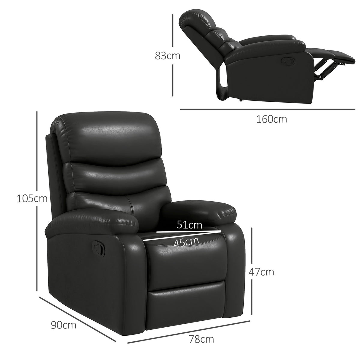 Relaxation Chair, Tv Chair With Reclining Function, Reclining Chair, Tv Chair With Footrest, Recliner Chair With A Load Capacity Of Up To 125 Kg, Faux Leather, Black