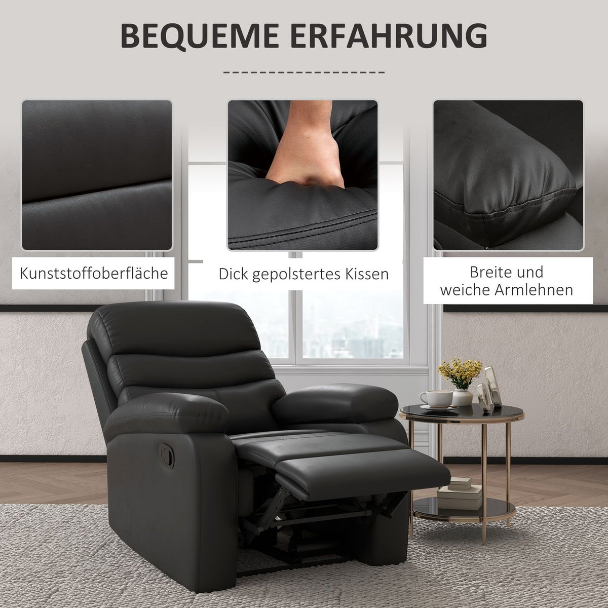 Relaxation Chair, Tv Chair With Reclining Function, Reclining Chair, Tv Chair With Footrest, Recliner Chair With A Load Capacity Of Up To 125 Kg, Faux Leather, Black