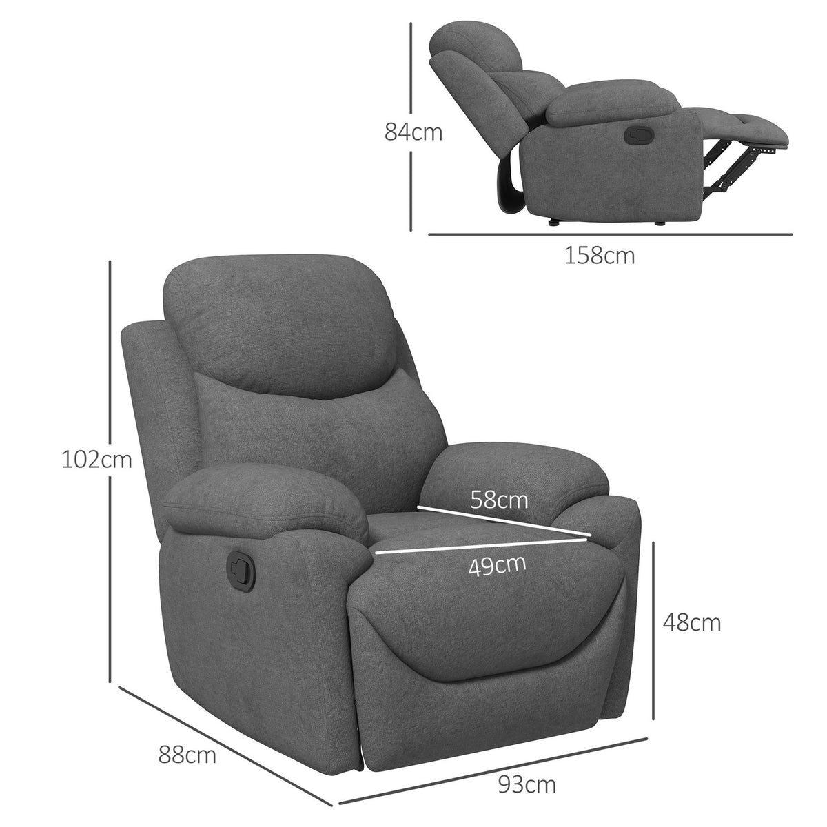 Relaxation Chair, Tv Chair With Reclining Function, Reclining Chair, Upholstered Tv Chair With Linen Look, Recliner For Bedroom, Gray