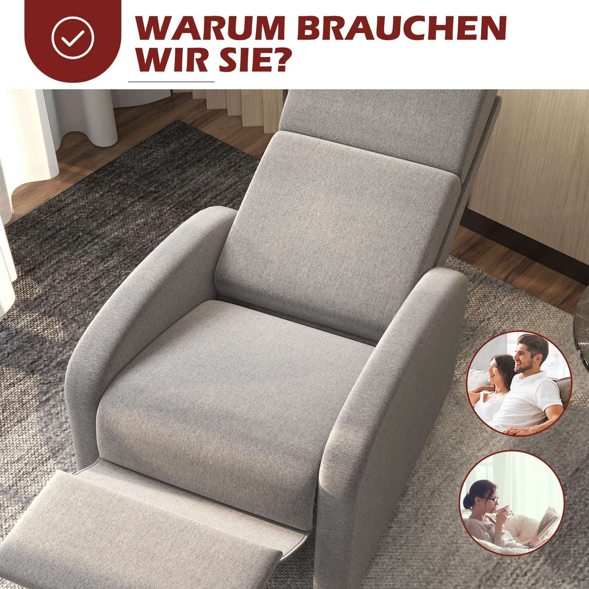 Relaxation Chair, Tv Chair With Reclining Function, Upholstered Tv Chair, Reclining Chair With Linen Look, Footrest, Load Capacity Up To 120 Kg, For Living Room, Gray