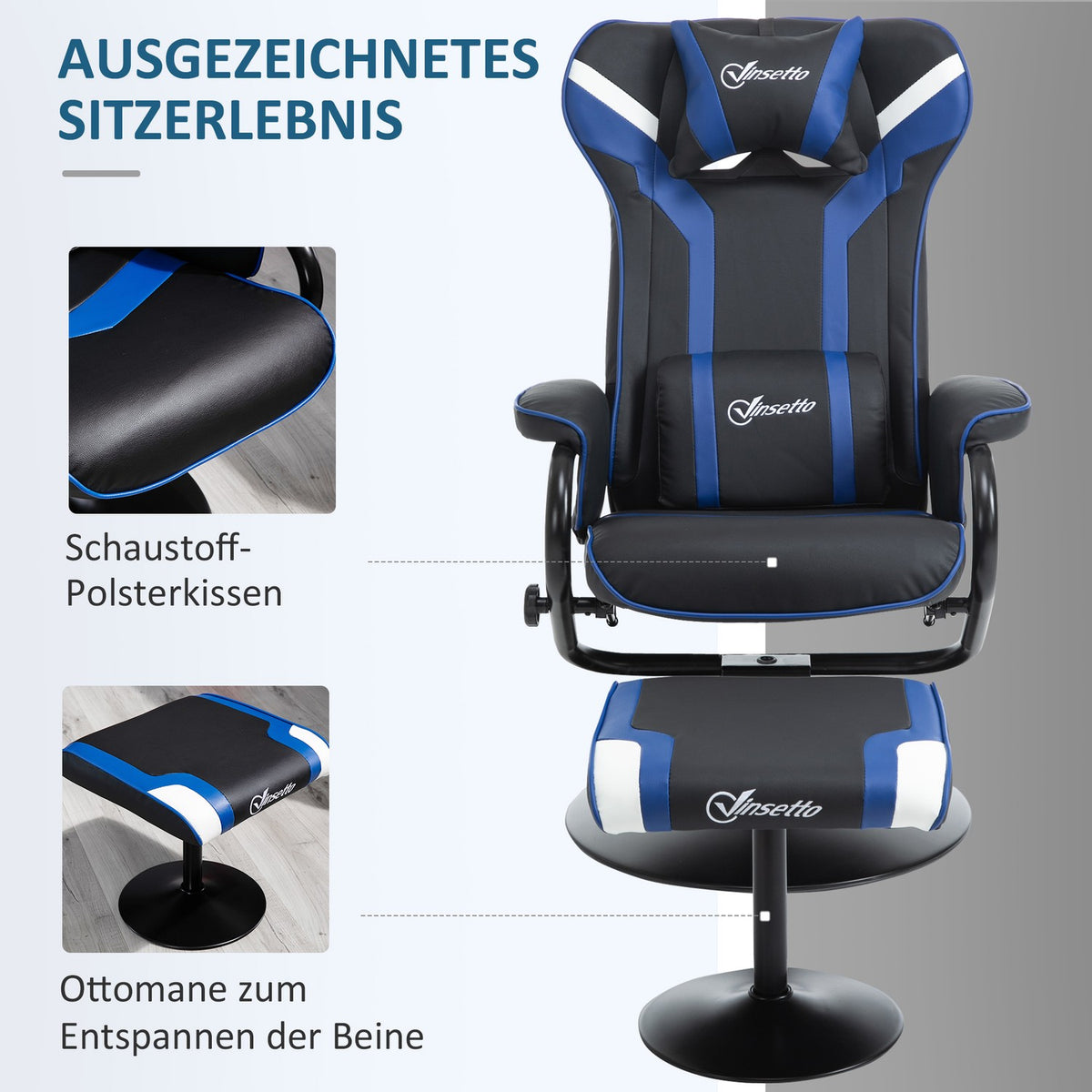 Relaxation Chair With Footstool, Tv Chair, Upholstered Chair In Game Style, Gaming Chair With Reclining Function, 130° Tiltable, Dark Blue + Black