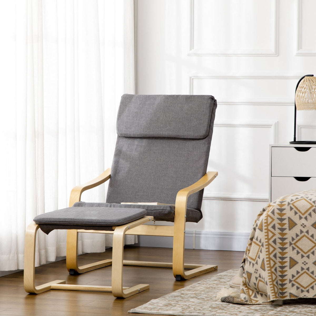 Relaxation Chair With Footstool Wing Chair With Stool, Armrest, Linen Cover, Grey