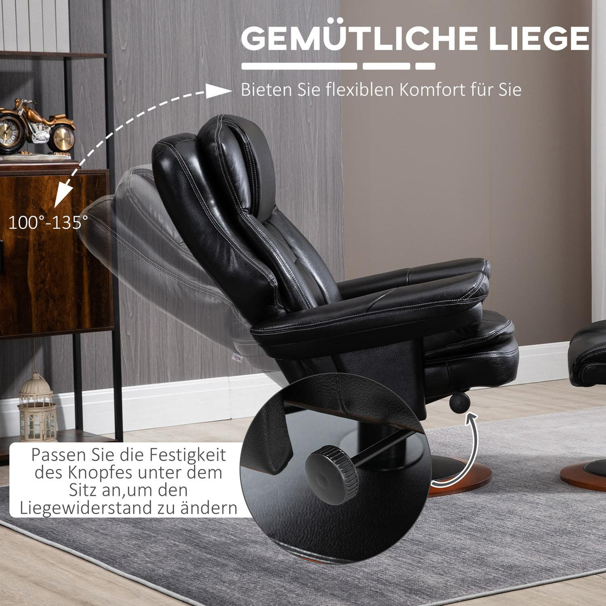 Relaxation Chair With Ottoman And Reclining Function Tv Chair, Swivel Tv Chair, Up To 150 Kg, Faux Leather, Black