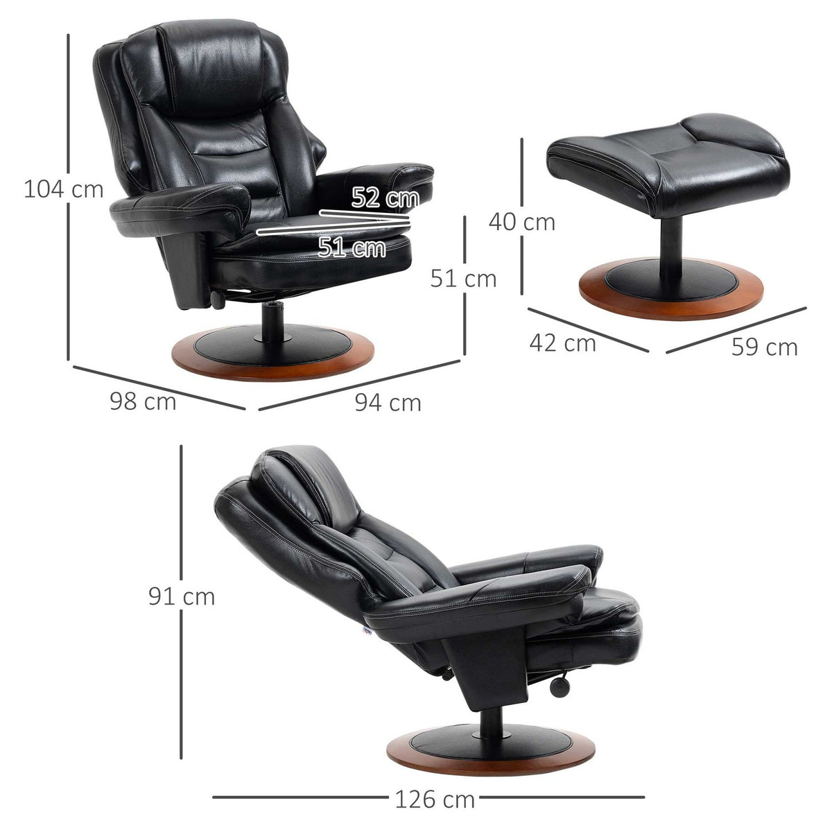 Relaxation Chair With Ottoman And Reclining Function Tv Chair, Swivel Tv Chair, Up To 150 Kg, Faux Leather, Black