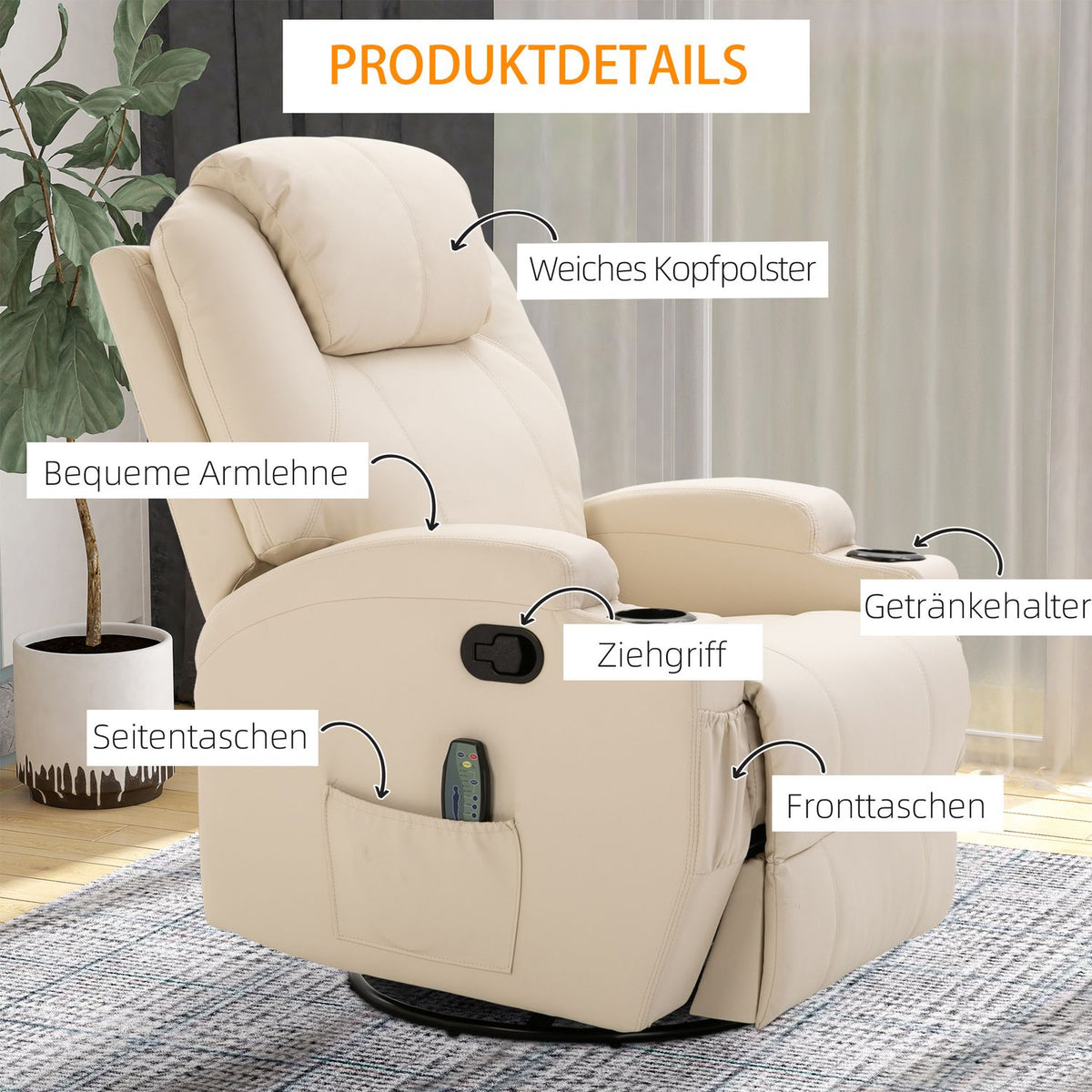 Relaxation Chair With Reclining Function, Electric Massage Chair, 5 Massage Modes, Artificial Leather, Cream White, 84X92X109Cm