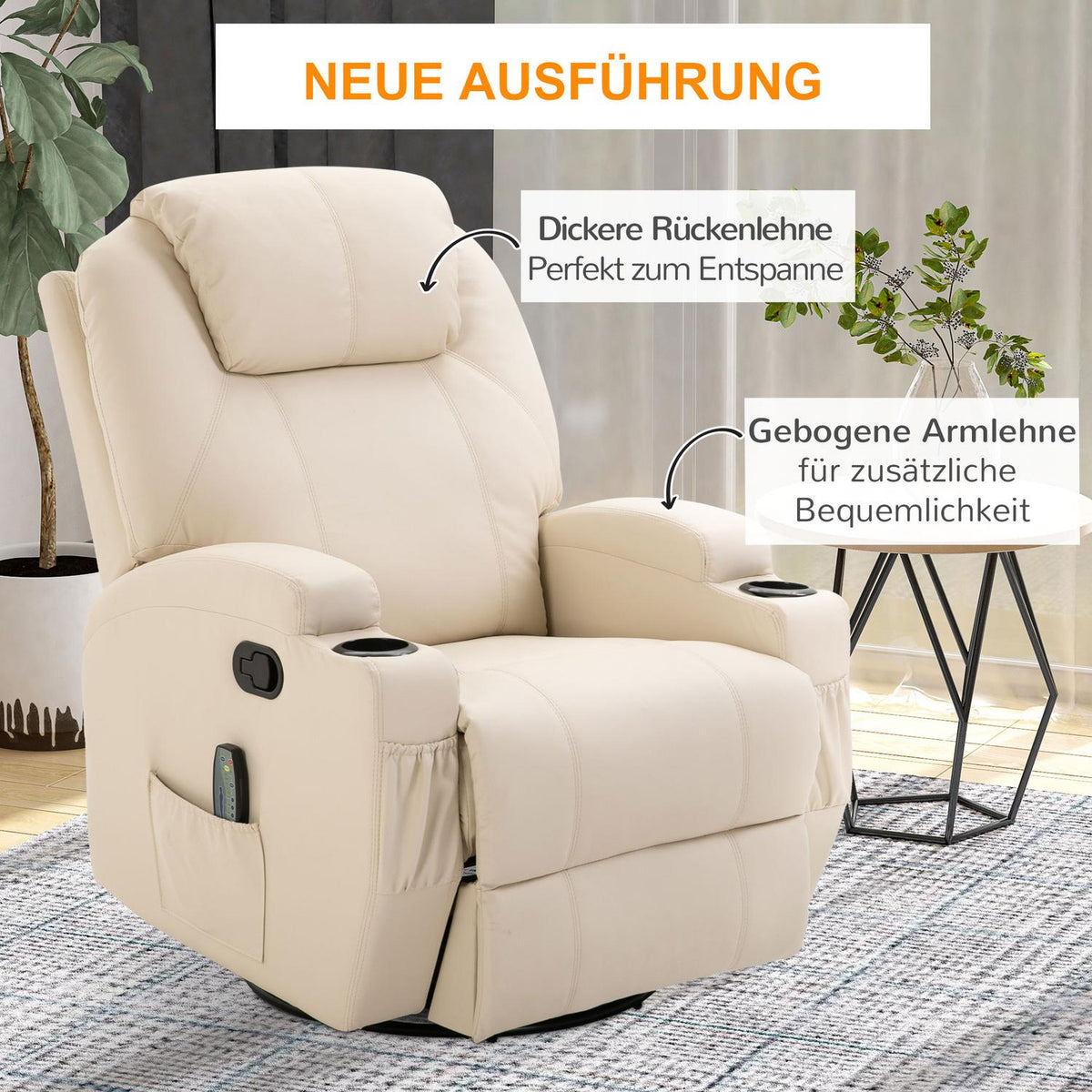 Relaxation Chair With Reclining Function, Electric Massage Chair, 5 Massage Modes, Artificial Leather, Cream White, 84X92X109Cm