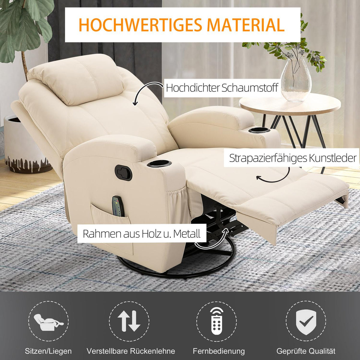 Relaxation Chair With Reclining Function, Electric Massage Chair, 5 Massage Modes, Artificial Leather, Cream White, 84X92X109Cm